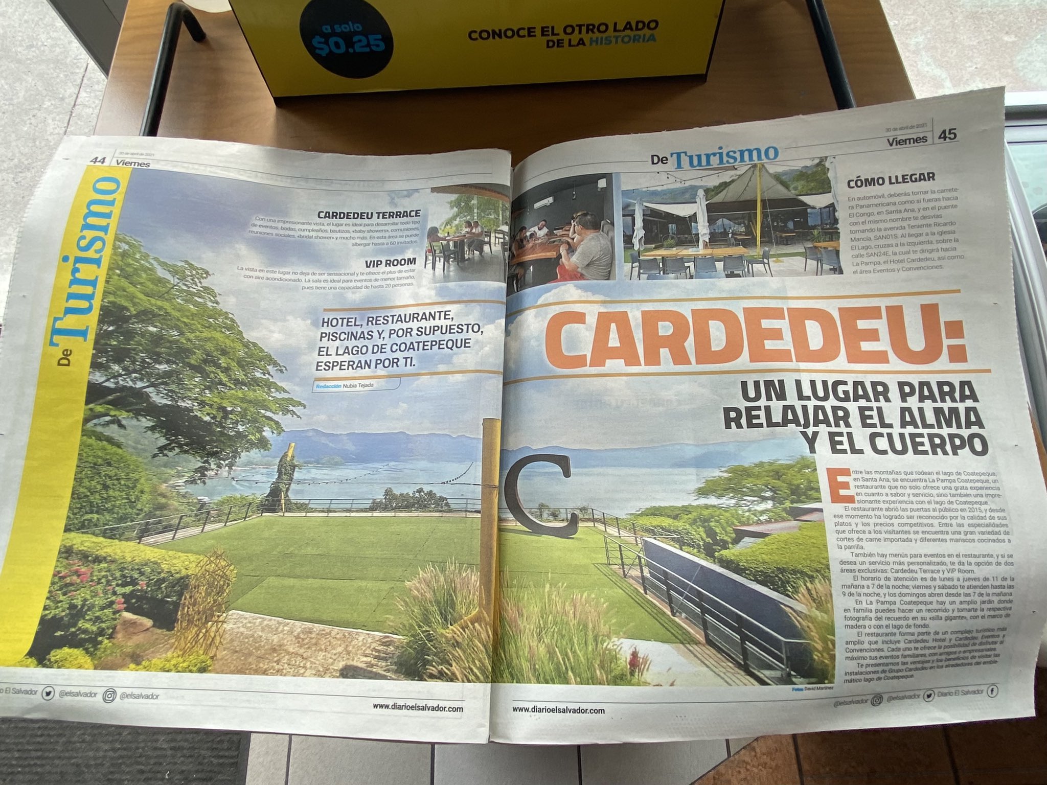 El 30 de abril el oficialista Diario El Salvador inició una serie de publicaciones impresas y digitales de reportajes turísticos para promover los negocios de Cardedeu en el lago de Coatepeque. Foto: cortesía.